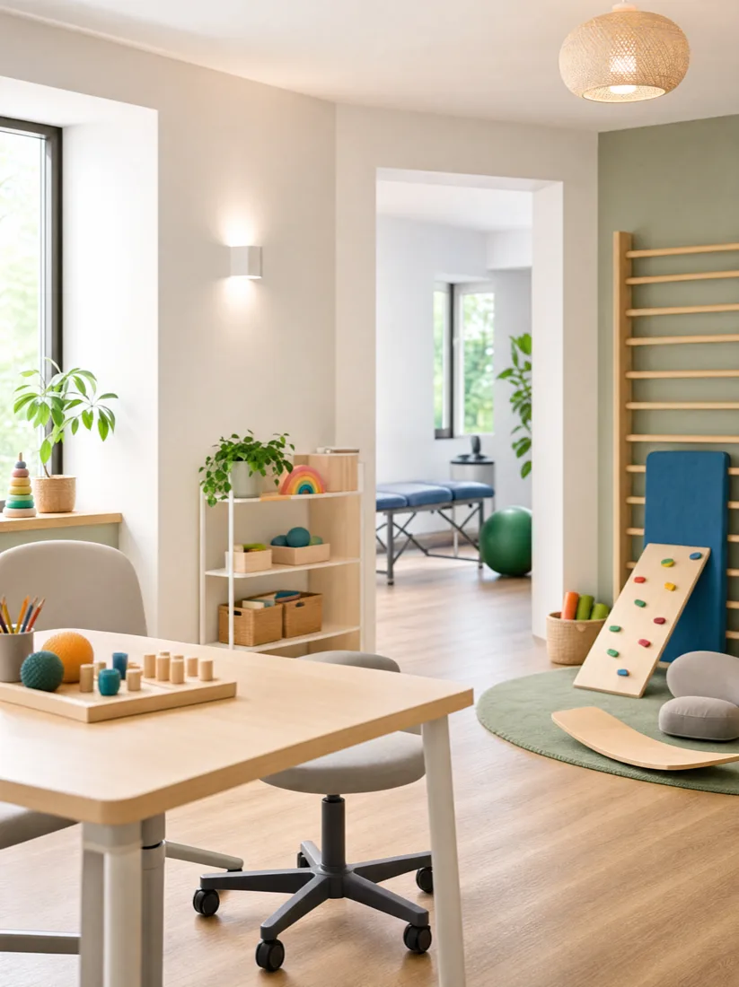 Behandlungsraum der Praxis ergo im Zentrum mit Therapiematerial, Sprossenwand und Behandlungsliege